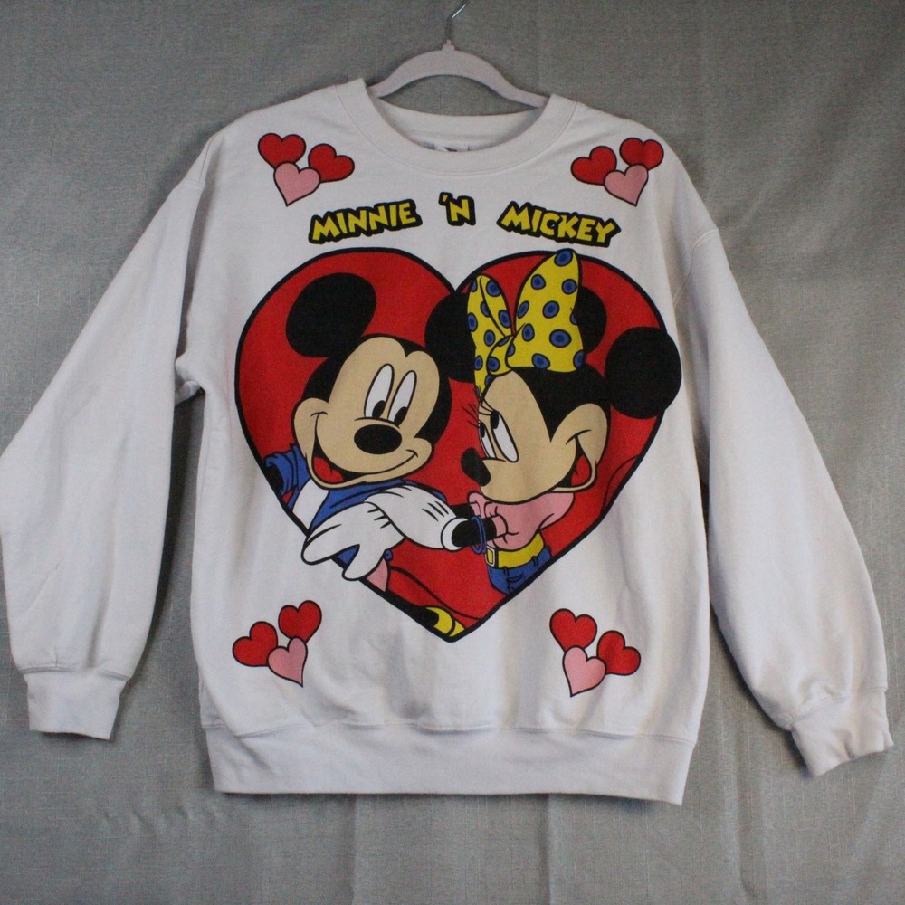 Disney Mickey Mouse Minnie Heart Sweatshirt Small White Y2K Retro Streetwear